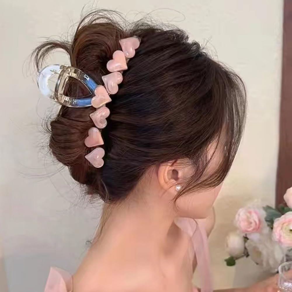 S.A.V.I Big Hair Claw Clip for Women & Girls | 13cm Transparent Acrylic Clutcher with Pink Heart Design | Strong Grip Bun Holder for Thick Hair | Stylish Hair Accessories for Daily