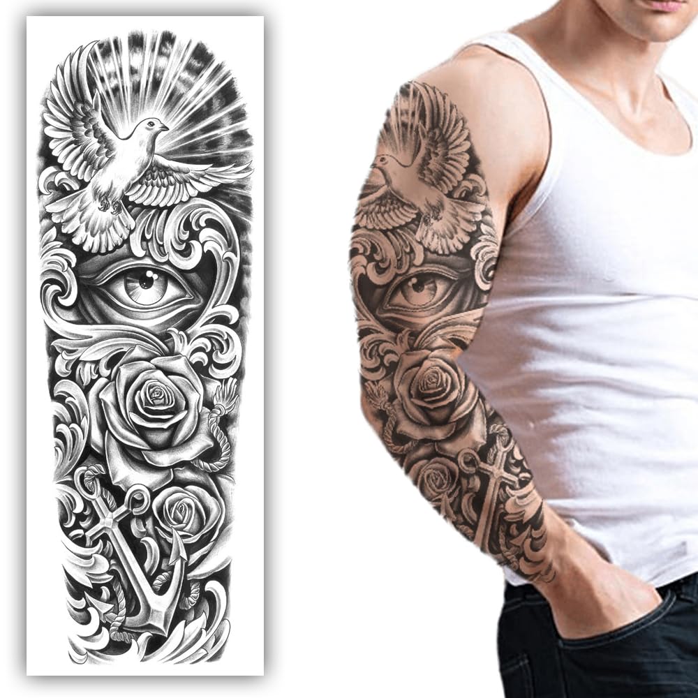 S.A.V.I Full Arm Sleeve Tattoo Sticker - Dove Roses, Peace Symbol, Realistic, 48x17 cm