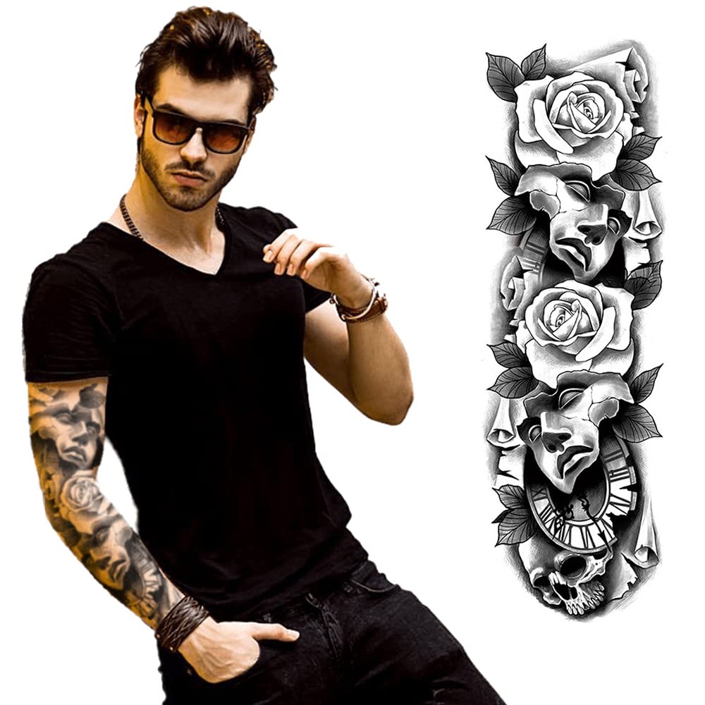 S.A.V.I Full Arm Tattoo, Rose Flowers, Face Mask, Clock Temporary Tattoo Sticker, Size 48x17CM