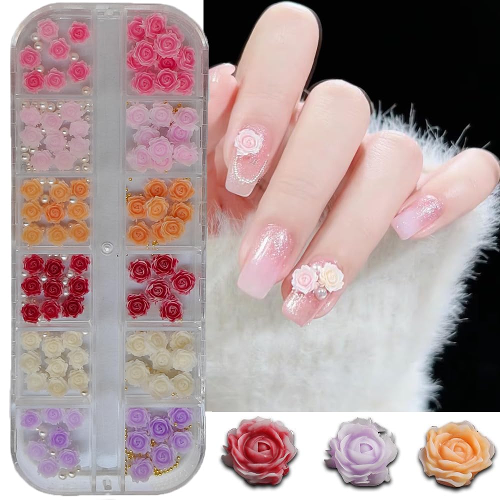 S.A.V.I 3D Rose Nail Art Decoration Set - 6 Colors with Pearls Metal Beads | 2 Sizes Floral Nail Accessories for DIY Nail Art, Manicure, Salon Use | Premium Nail Embellishments for Women (1 Big Box)