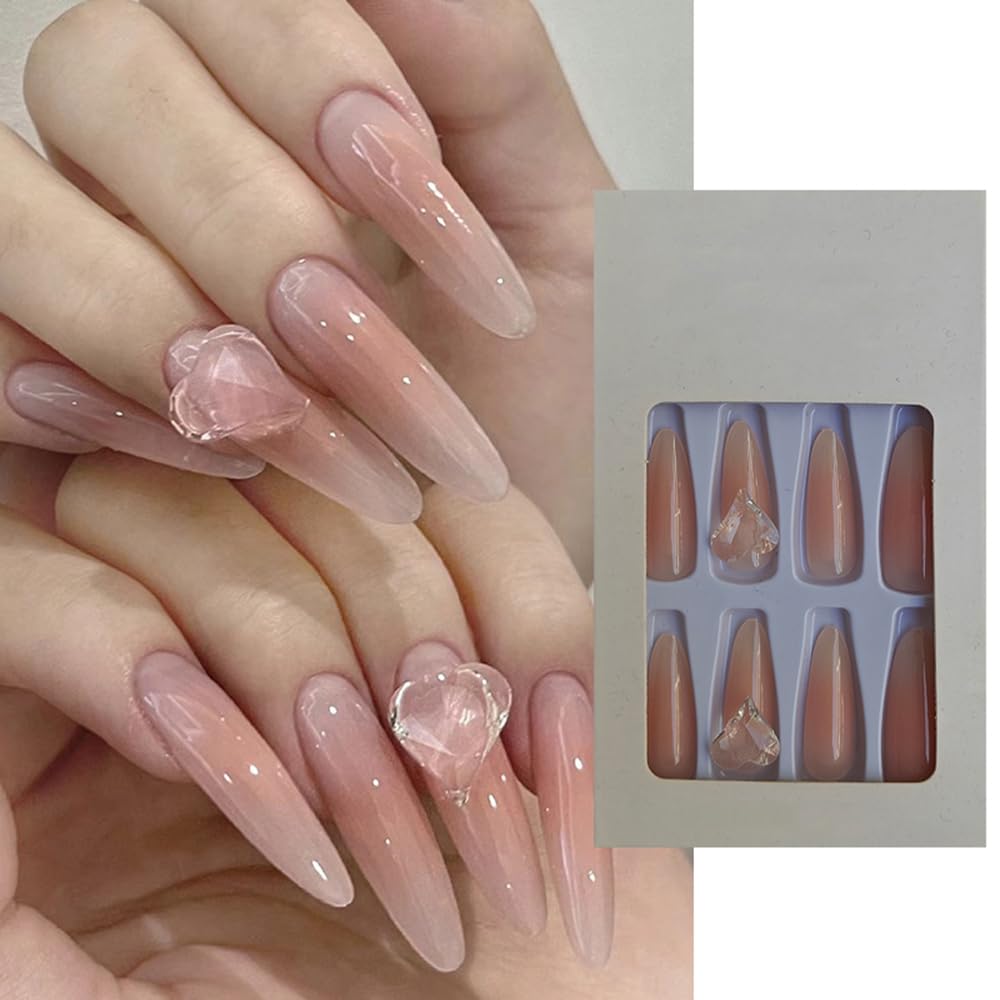 S.A.V.I 24 Pcs Long Nude Press On Nails with Heart Crystal | Reusable Glossy False Nails for Women Girls | Stick-On Artificial Nail Extensions for Party, Wedding, Daily | Easy to Apply Durable