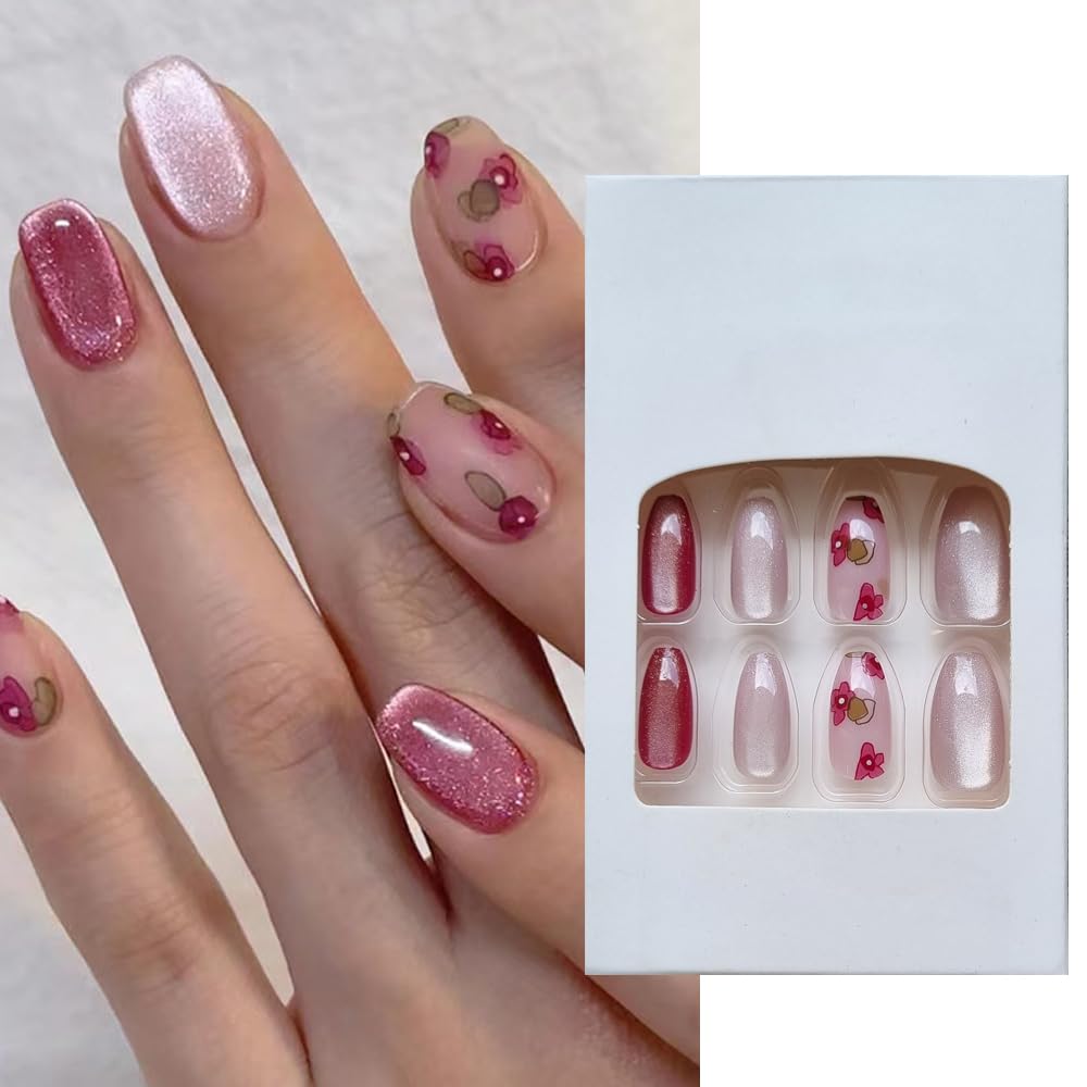 S.A.V.I 24 Pcs Pink Cat Eye & Cherry Print Press On Nails | Long Coffin Shape Glossy Nude Fake Nails for Women & Girls | Reusable Nail Art Tips with Glue & Adhesive Tabs – Salon Finish at Home