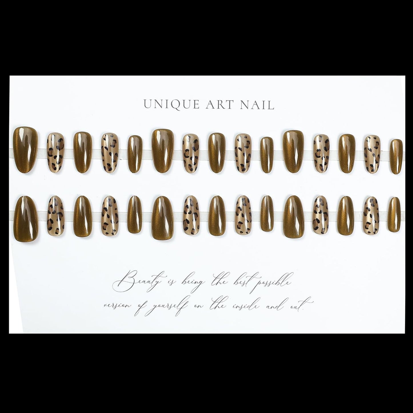 S.A.V.I Long Almond Cat Eye Brown Press-On Nails | 30 Reusable Pieces with Leopard Print Design | Includes Nail Glue & Adhesive Tabs for Salon-Look Manicure at Home