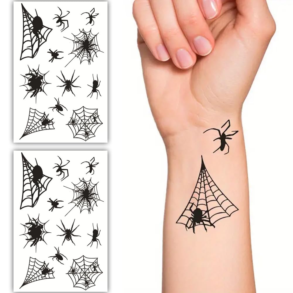 S.A.V.I 2 Sheets Black Spider Web Design Temporary Tattoos for Men Women (19x12 cm) | Waterproof, Long-Lasting, Easy Application - Perfect for Halloween, Cosplay, Body Art Parties