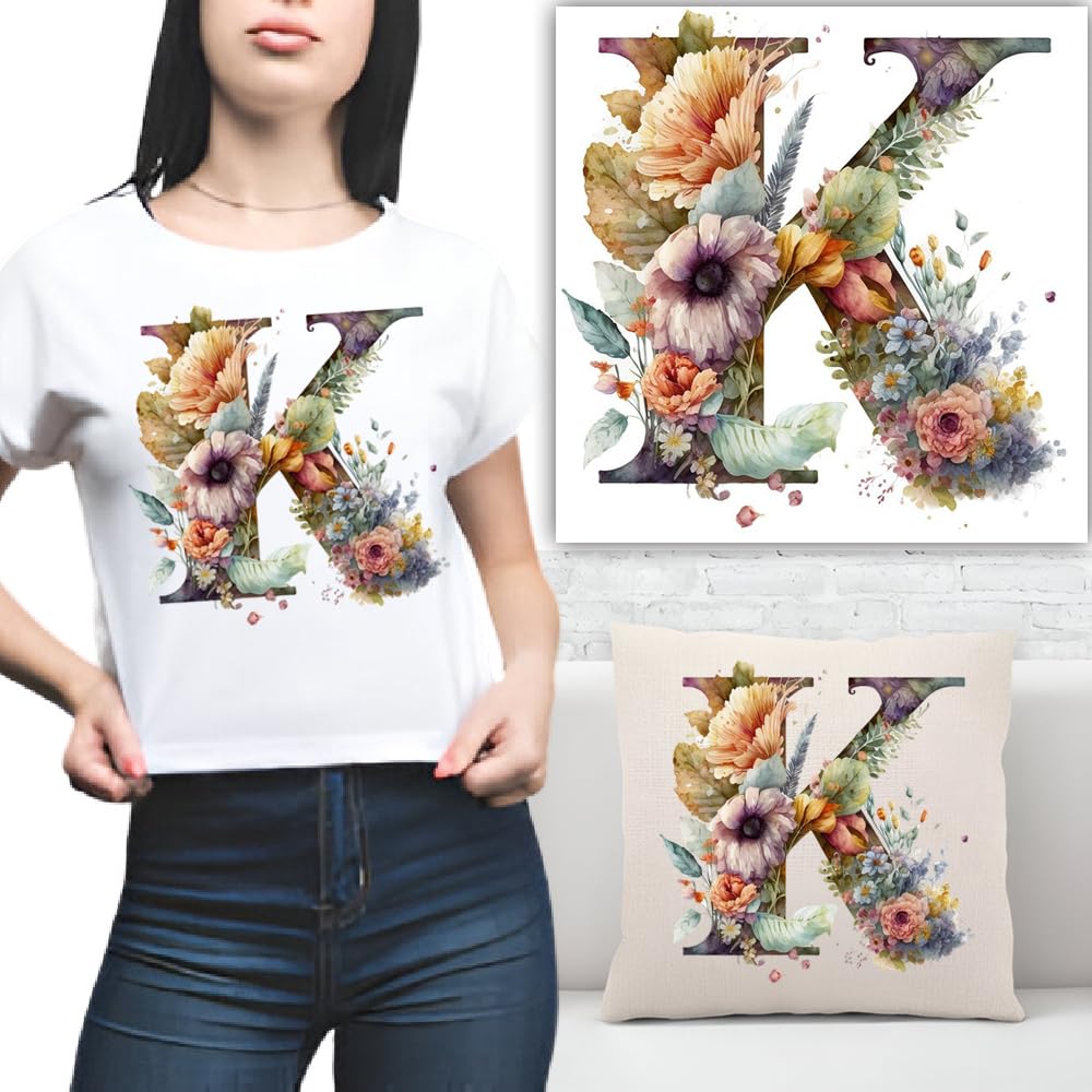 S.A.V.I 1PC Floral Alphabet Iron-On Patch – Washable Heat Transfer Sticker for DIY T-Shirts, Jeans, Pillows, Backpacks, Hats – Easy Applique with Beautiful Flower Design – Clothing Accessories Patch (K)