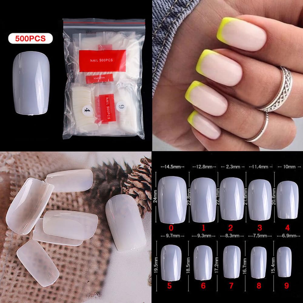 S.A.V.I 500 Pcs White Short Square Fake Nails Set | 10 Sizes Artificial Nail Tips | Natural Finish | ABS Material | Nail Art, DIY Extension, Salon & Home Use | Nail Decoration Kit for Women