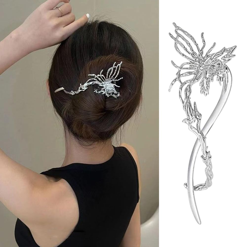 S.A.V.I Silver Butterfly Hair Clip for Women | 14 cm Stylish Metallic Hair Clutch | Elegant Floral Design for Buns Updos | Perfect Hair Accessory for Party, Wedding