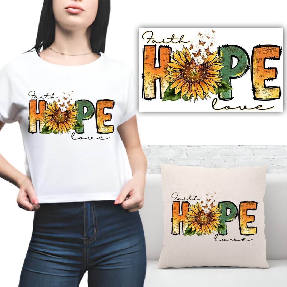 S.A.V.I Iron-On Heat Transfer Applique Patch – “Faith Hope Love” Sunflower Design, 4x8.5 inch | Washable Durable DIY Sticker for T-Shirts, Hoodies, Bags, Denim, Pillows