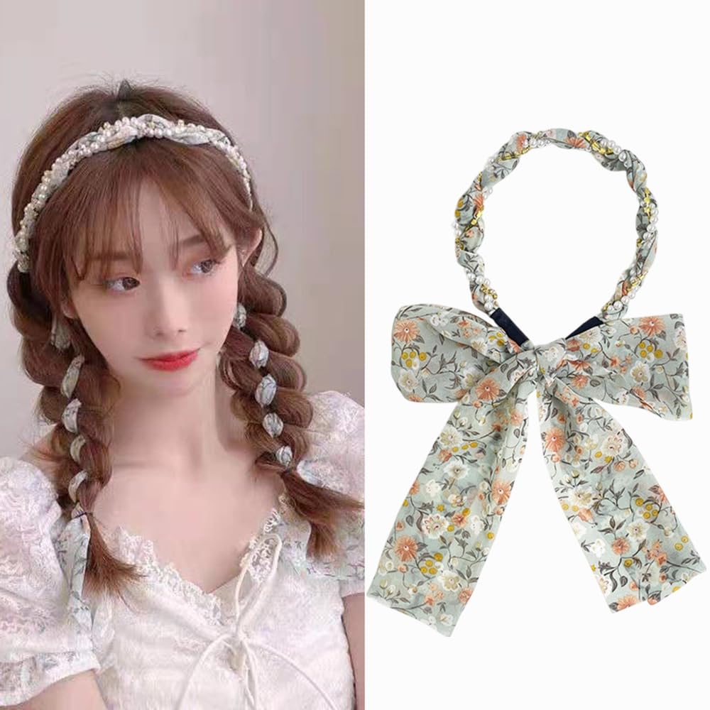 S.A.V.I Floral Light Green Headband for Women & Girls – Soft Fabric Hairband with Pearls & Bow Knot – Handmade Stylish Hair Accessory for Casual, Party & Ethnic (59cm)