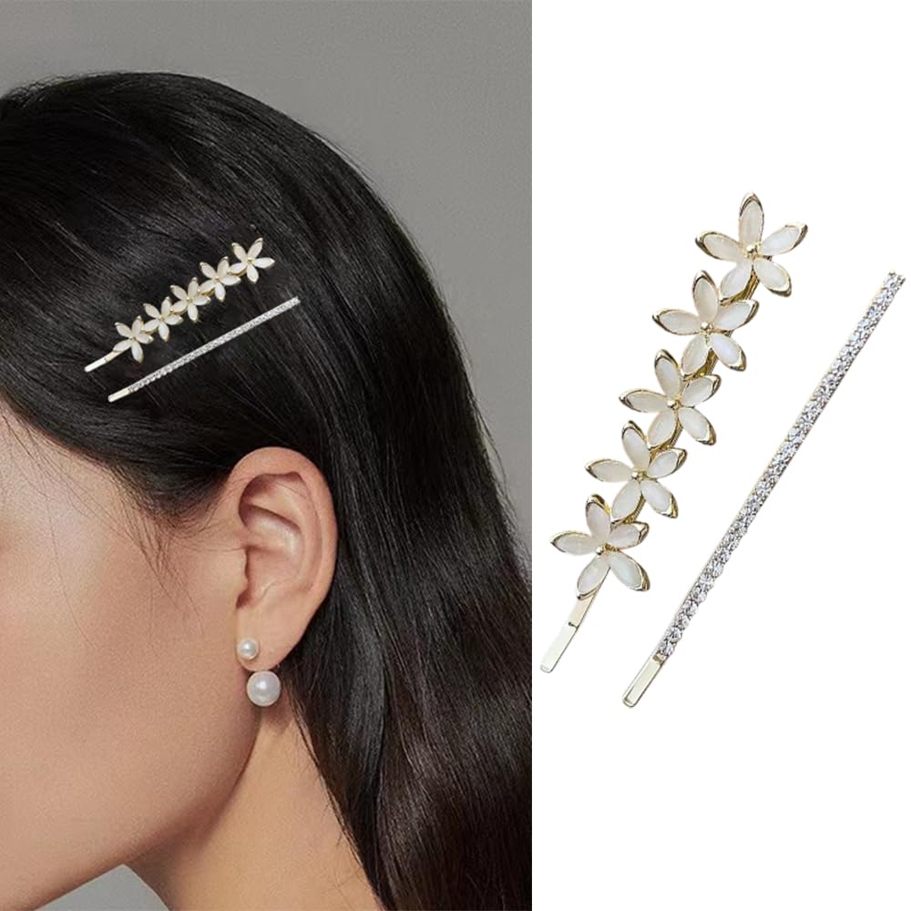 S.A.V.I 1 Pair Gold-Plated Flower Hairpins for Women & Girls | White Floral Hair Clips with Rhinestones | Elegant 7cm Hair Accessories for Wedding, Party & Daily