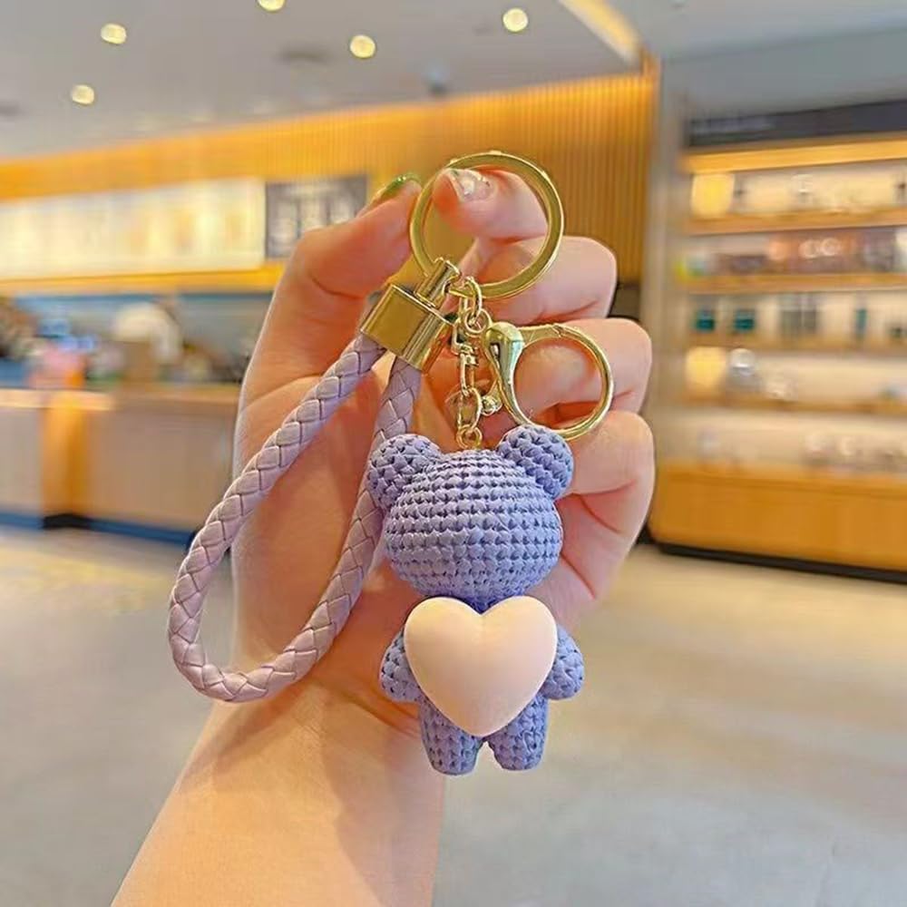 S.A.V.I Cute Purple Bear Keychain with Heart Charm | Resin Teddy Pendant (6cm) & Braided PU Leather Wrist Strap | Stylish Gold Key Ring for Girls, Women, Handbag, Car Accessories (Purple)