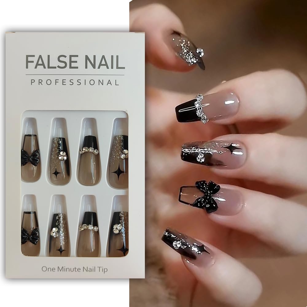S.A.V.I 24 PCS Black Coffin Nails - 3D Bowknot Design - Reusable Press-On Set with Glue Tape