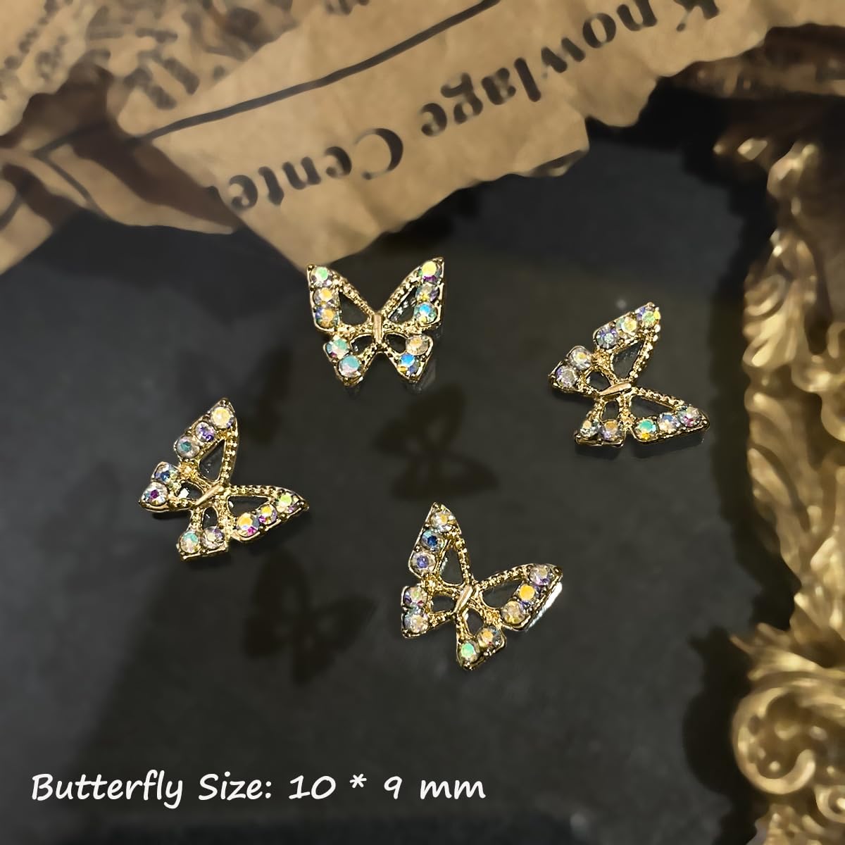 S.A.V.I 3D Butterfly Nail Art Charms for Women (10 Pcs, 10 × 9 mm) | Gold & Silver Alloy Rhinestone Nail Decorations | Reusable Sparkling Accessories for DIY Gel/Acrylic Extension & Salon Manicure