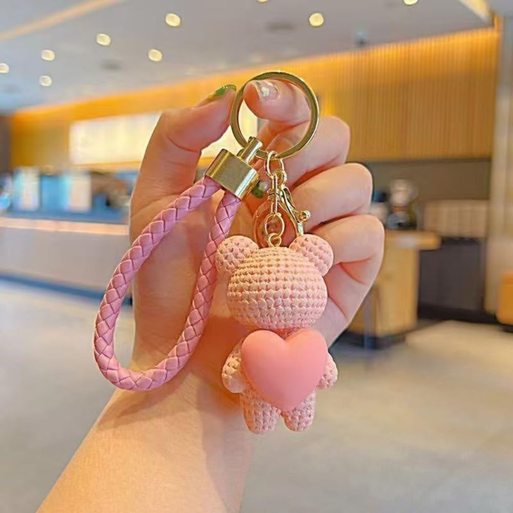 S.A.V.I Cute Pink Bear Keychain with Heart Charm | Resin Mini Teddy Pendant 6cm | Braided PU Leather Wrist Strap | Lightweight Gold Key Ring for Girls, Women (Pink)