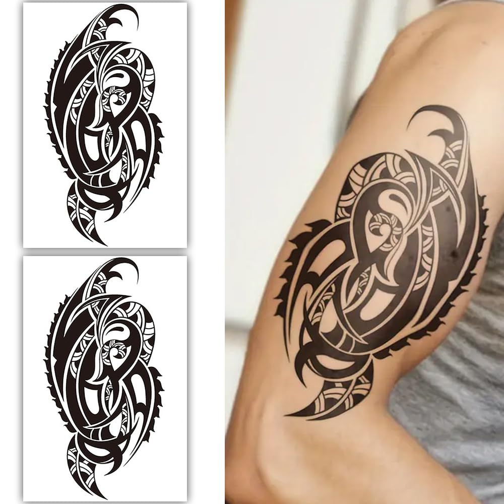 S.A.V.I 2PCS. Black Tribal Temporary Tattoos for Men Women | Waterproof Sheets | Realistic, Long-Lasting Body Art Stickers | Large 19x12cm | Easy to Apply