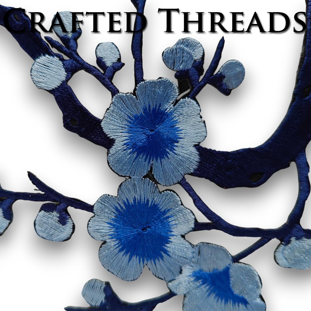 S.A.V.I 3D Blue Cherry Blossom Embroidery Patch (7x6.1 inch) | Iron-On Applique for Clothes, Sarees, Blouses, Jackets | DIY Craft Pre-Glued Fabric Badge for Decoration & Fashion Design