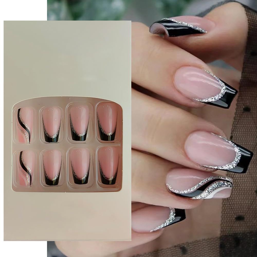 S.A.V.I 24Pc Nude Black French Glitter Coffin Fake Nails - Manicure Press On with Adhesive Glue