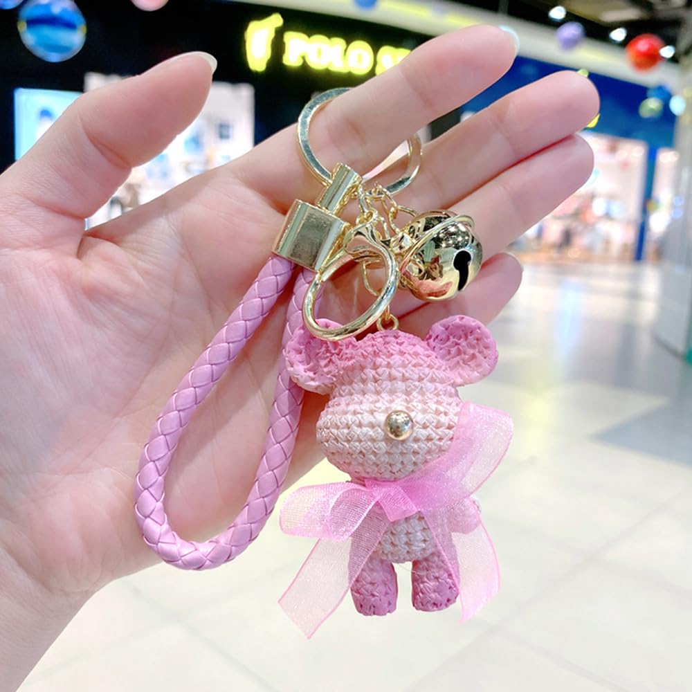 S.A.V.I Resin Pink Teddy Bear Keychain with Cute Bow & Braided Strap | Mini 6.5cm Doll Pendant | Stylish Bag Charm & Decorative Key Holder for Women, Girls & Accessory (Pink)