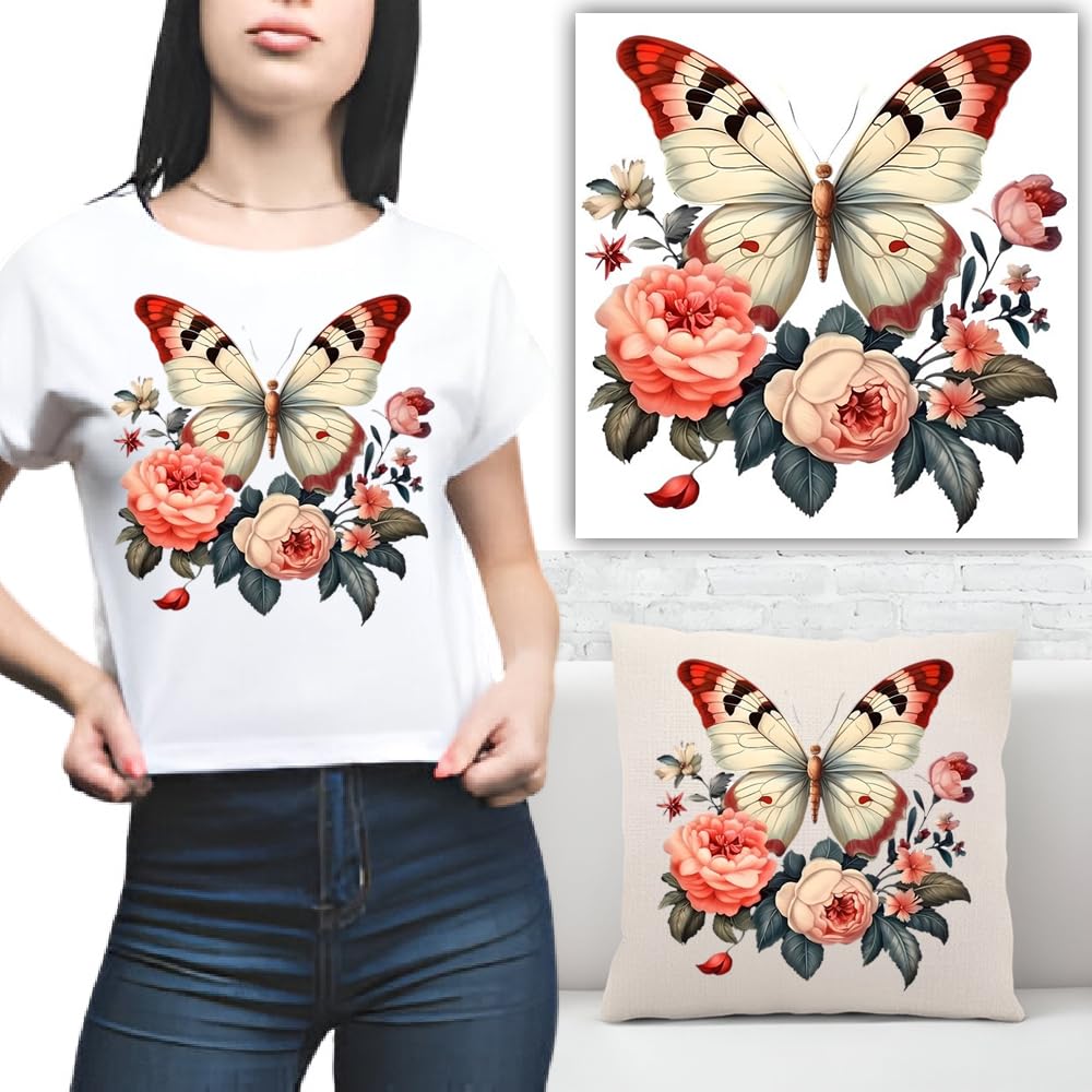S.A.V.I Butterfly Flower Applique Patch Iron-On Heat Transfer Sticker, 8.5x8.2 Inches, DIY Washable Decor for T-shirts, Hoodies, Jeans, Pillows, Backpacks - Stylish Floral Design for Clothing Accessories