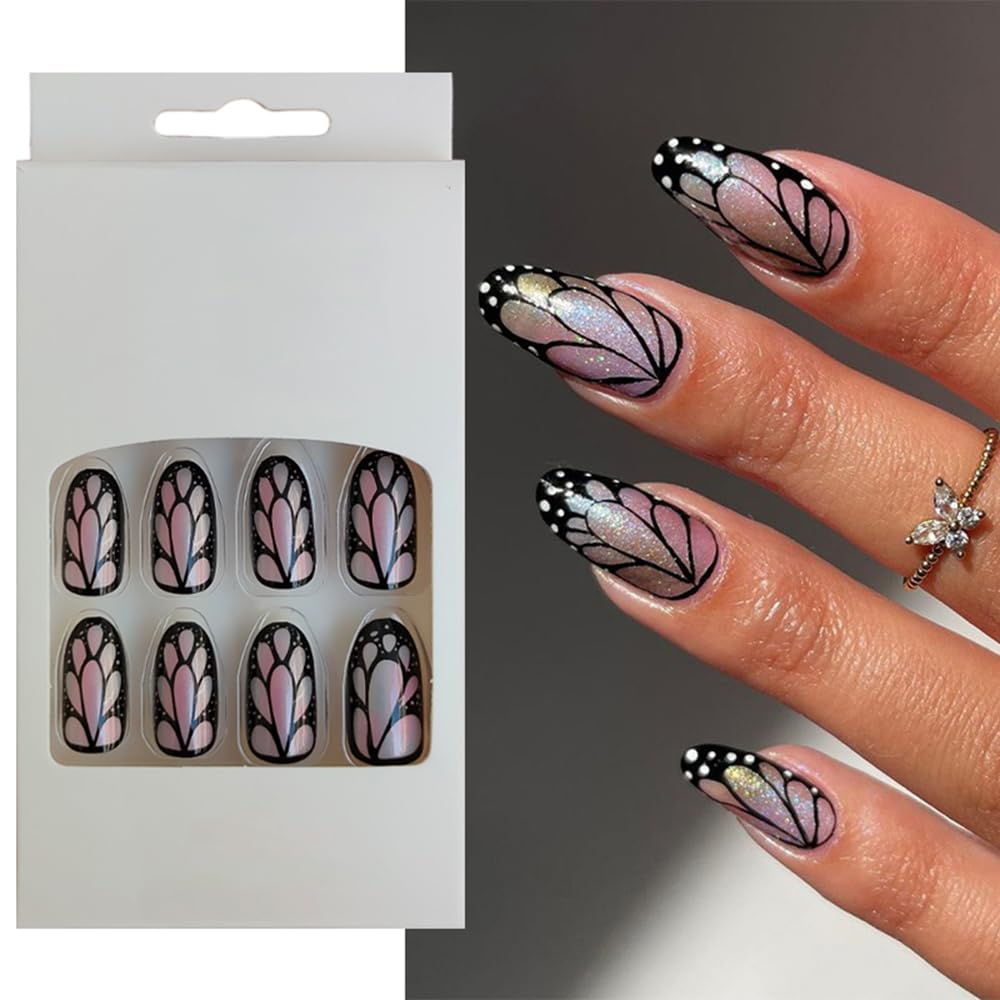 S.A.V.I Chrome Silver Black Butterfly Print Press-On Nails, 24 PCs, Round Medium, Adhesive Glue Included
