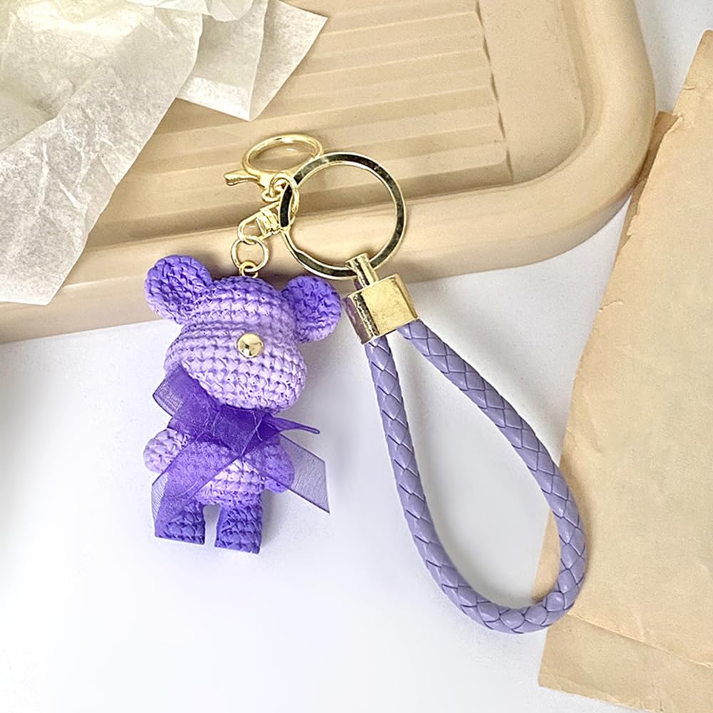 S.A.V.I Purple Teddy Bear Keychain | Resin Charm with Crochet Texture, PU Leather Strap & Golden Bell | for Girls, Women | Durable Metal Ring for Handbags, Car, Bike & Home Keys (Purple)