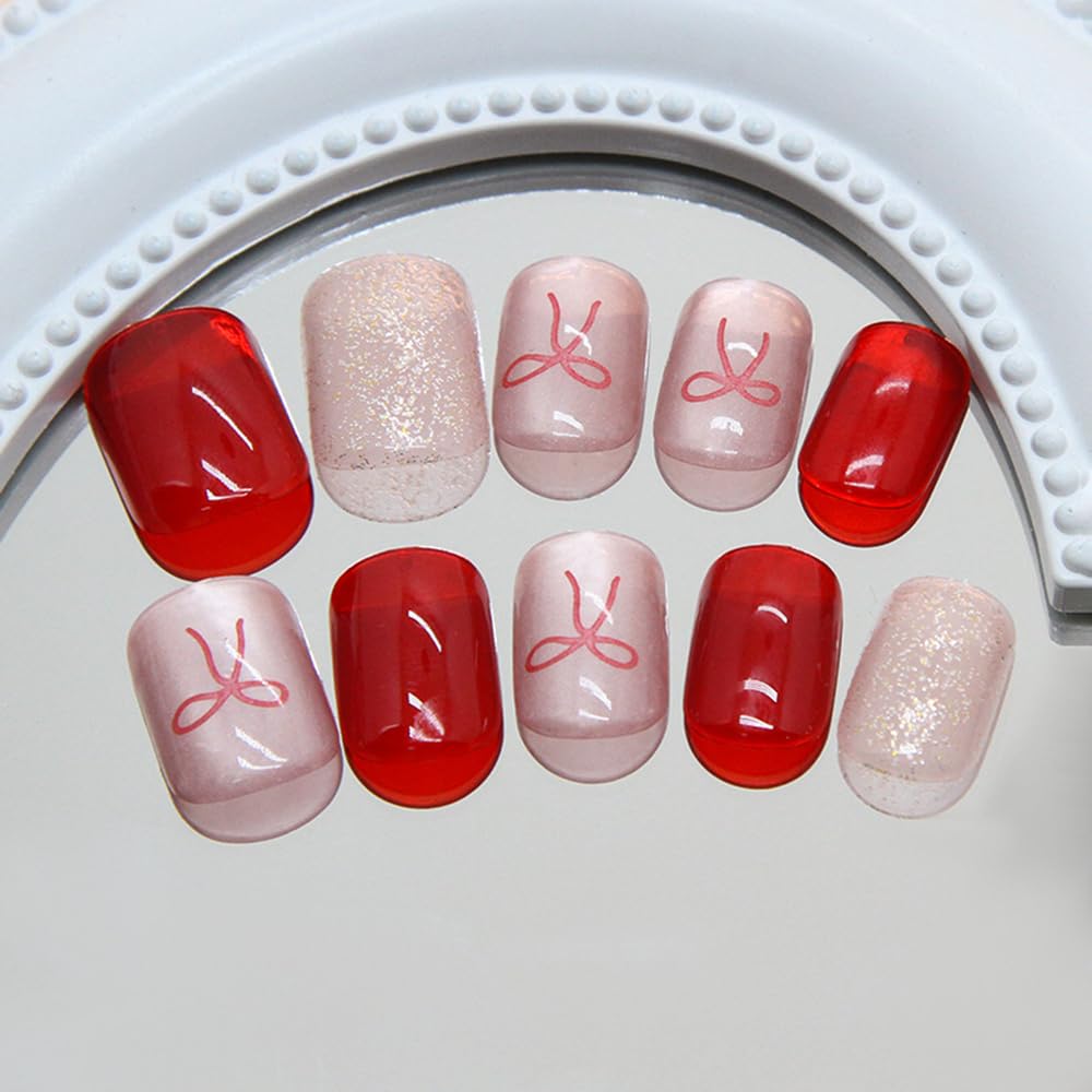 S.A.V.I 24Pcs Short Natural Shape Press-On Nails Red Nude Glitter Bow Design | Reusable DIY Nail Art with Glue & Adhesive Tabs | Trendy Fake Nails for Women & Girls