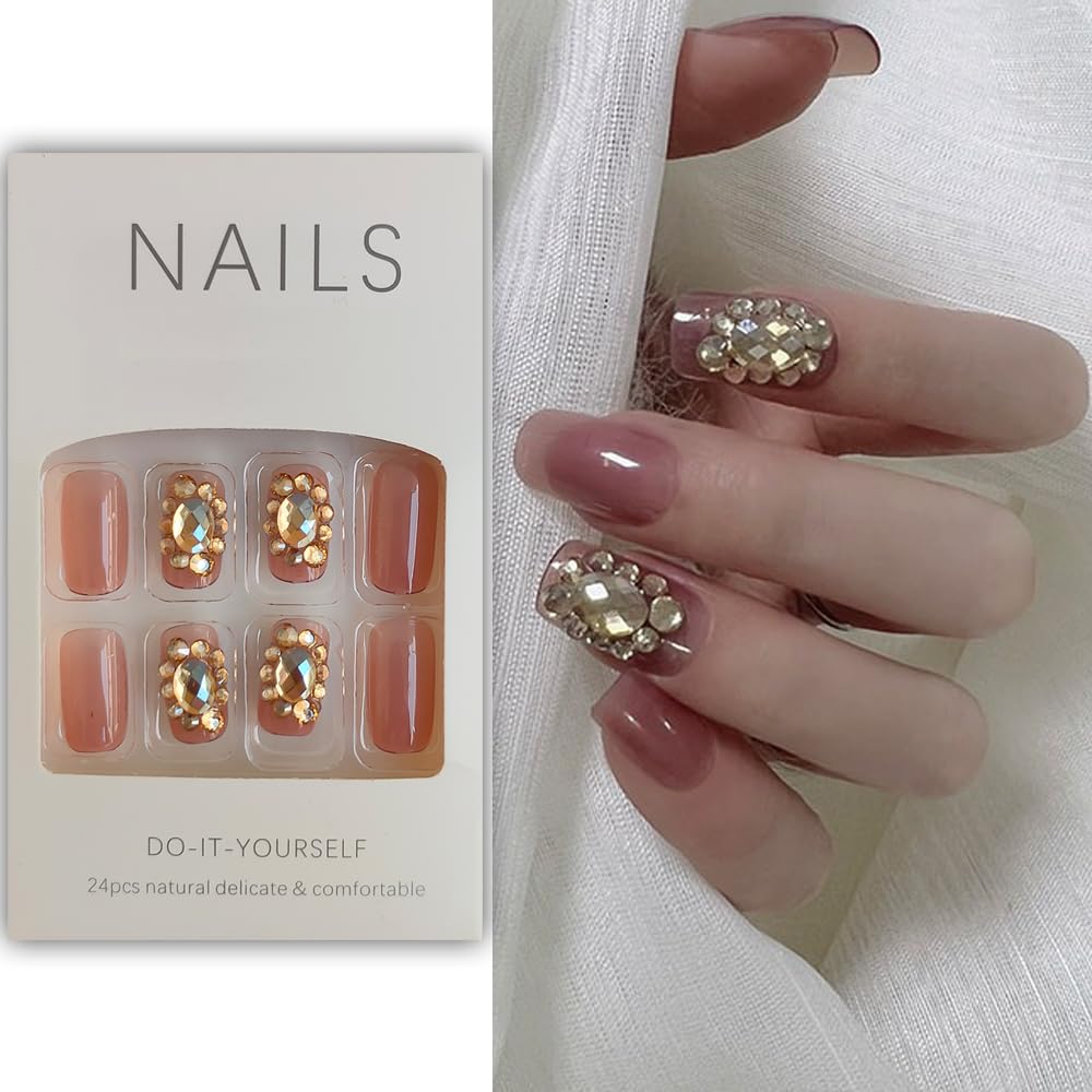 S.A.V.I 24 PCS 3D Rhinestone Medium Square Press-On Nails with Glue Tape