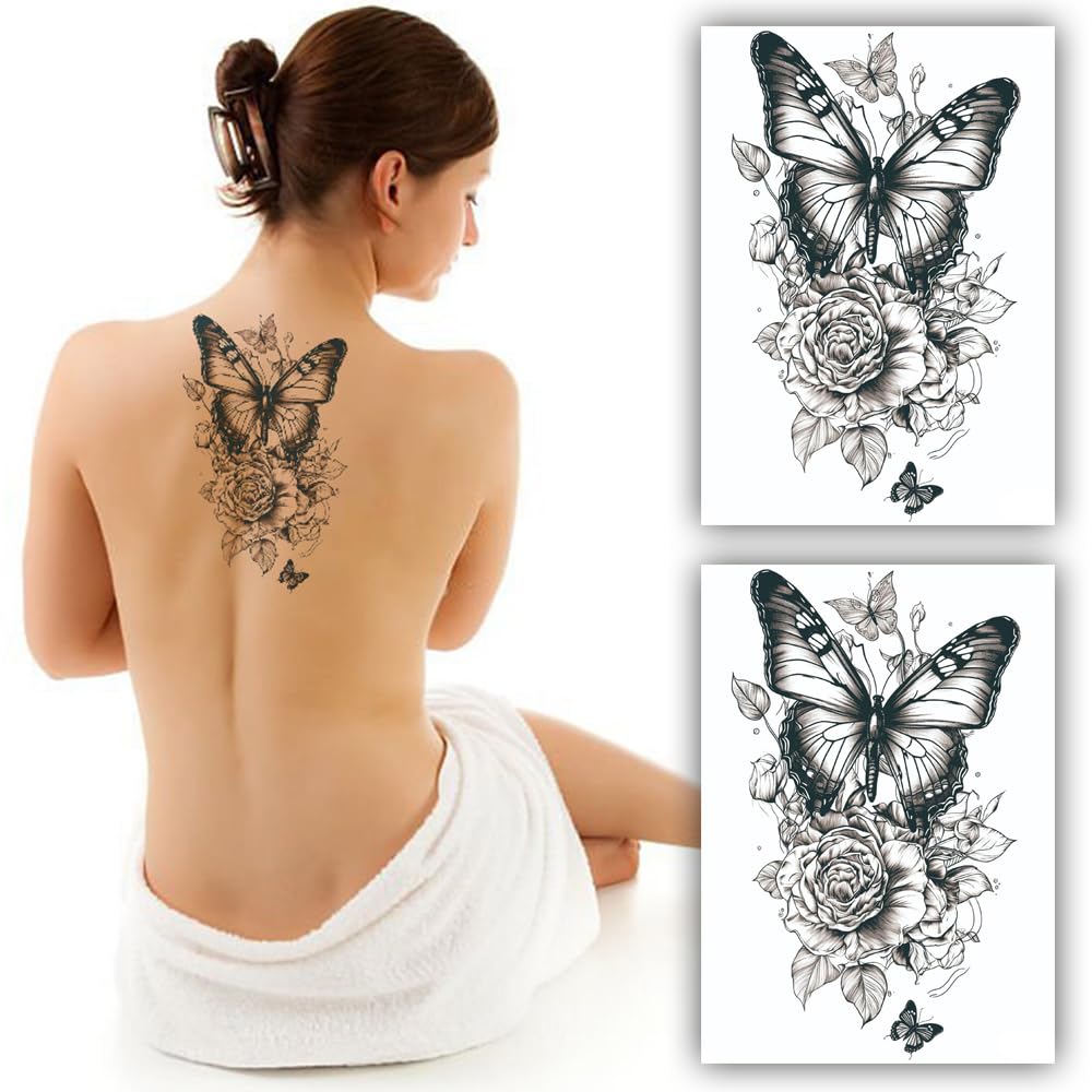 S.A.V.I 2PCS Large Butterfly Rose Temporary Tattoo Stickers, 22x15 cm - Elegant, Detailed Design for Men Women