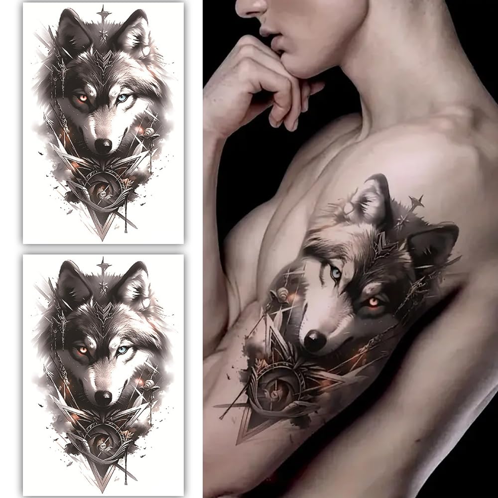 S.A.V.I 2 Sheets Large Wolf Temporary Tattoo Stickers - 19x12cm Waterproof Black Grey Body Art for Men Women - Realistic Chest, Arm, Back Design - Easy Apply Remove, Long-Lasting