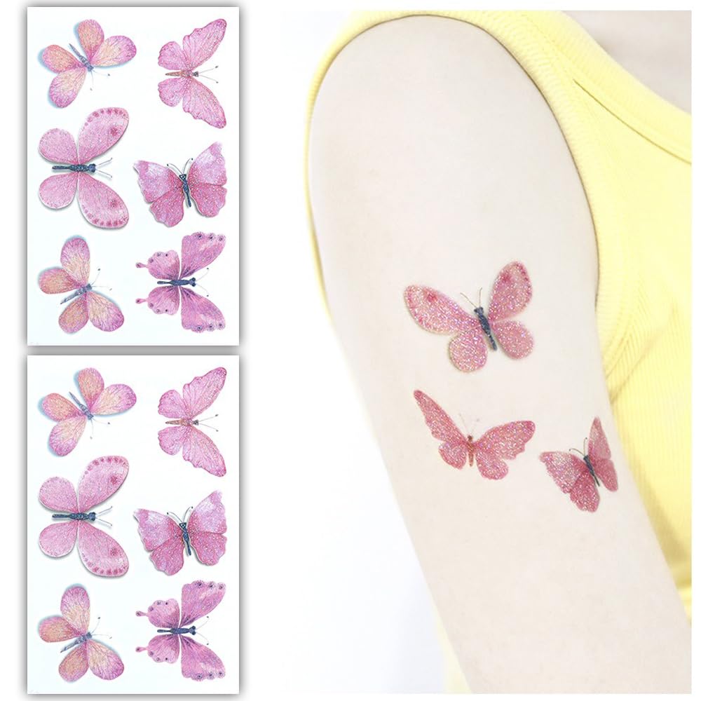 S.A.V.I 2pcs Glittery Butterfly Temporary Tattoo Sheets – Pink Glitter Design, Waterproof, Skin-Safe, Easy to Apply, 12cm x 7.5cm, Ideal for Kids, Parties, Festivals Fashion