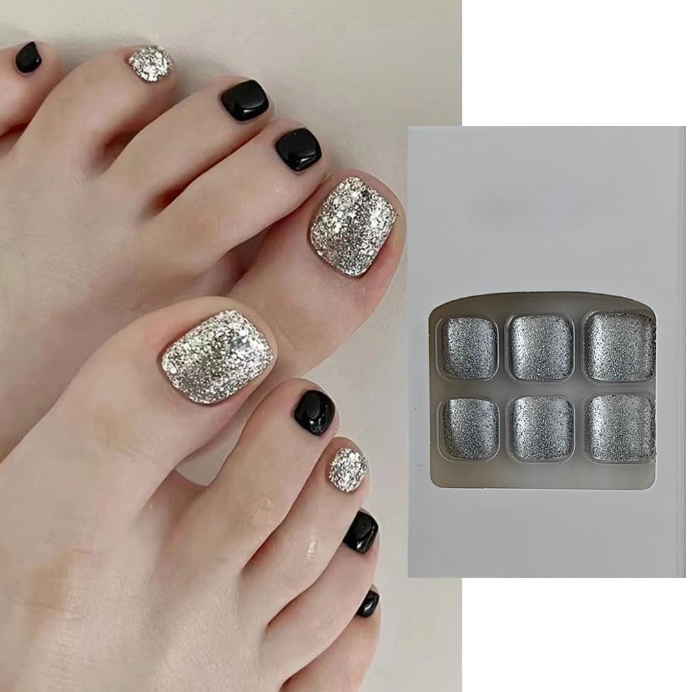 S.A.V.I 24 PCs Short Natural Shape Gold Glitter and Black Press-on Toe Nails | DIY Pedicure Fake Nails Set | Easy Application Long-Lasting | Perfect for Parties Online at Low Prices in India