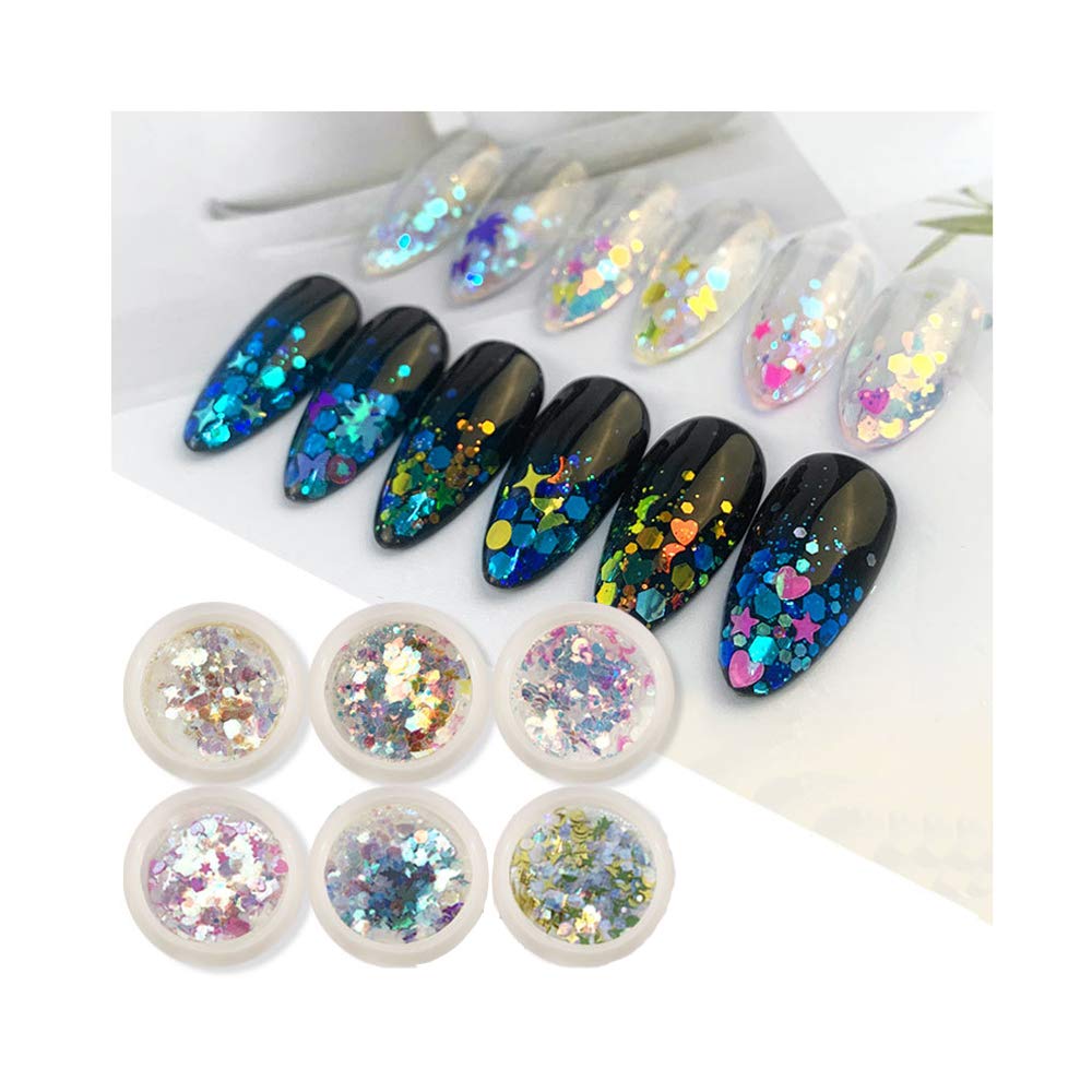 S.A.V.I 6 PCS. DIY Nail Art Magic Color Changing Laser Thin Sequins Mixed Mirror Hexagon