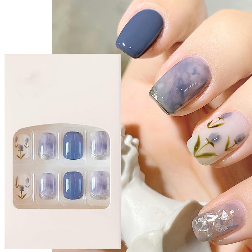 S.A.V.I 24 PCs - Blue Floral Press-On Nails, Short Fake Nail Set, Easy Manicure, Trendy Design