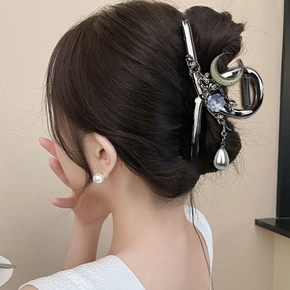 S.A.V.I Gun-Black Big Hair Claw Clip for Women (11.5 cm) | Metal Clutcher with Moon, Rose & Pearl Charms | Strong Grip U-Shape Hair Accessory for Thick Hair, Bun, Office & Party