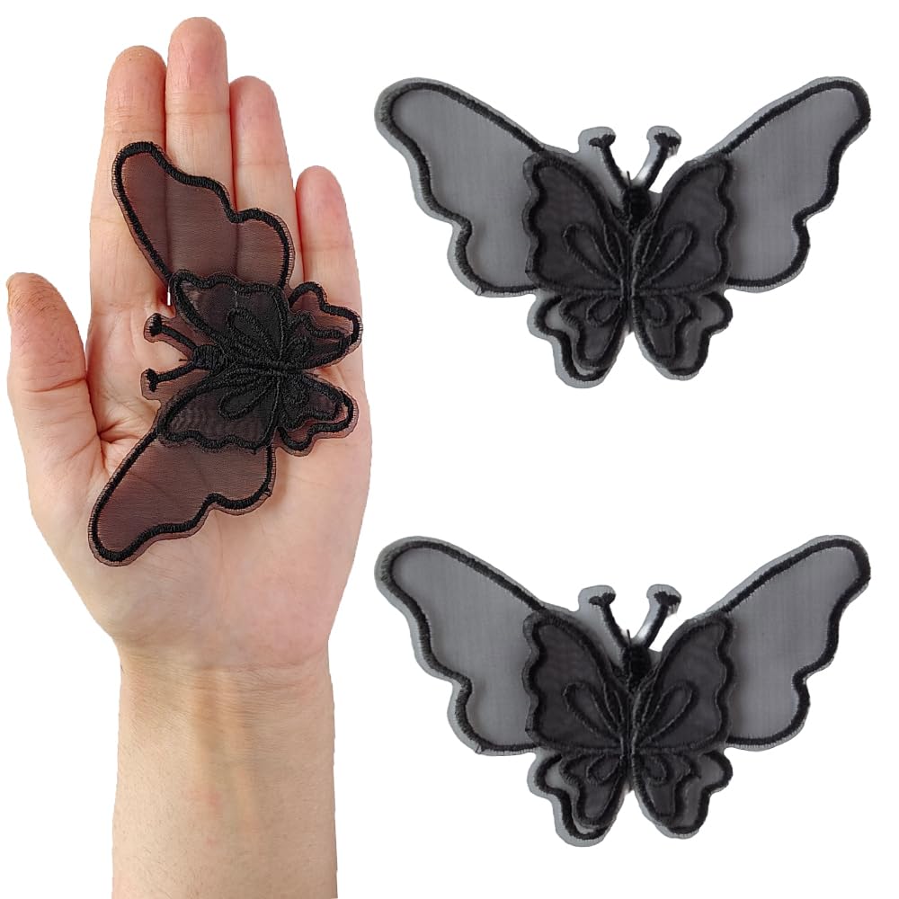 S.A.V.I 2PCS Embroidered Black Butterfly Appliqué Patches - Organza Lace Design | Easy Sew-On for Craft Projects, Clothing, Accessories | Decorative Patch Set (2.4x3.8 Inches)