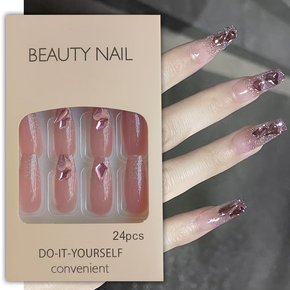 S.A.V.I 24 PCS - Pink Glitter Long Coffin Nails Crystal-Embellished False Press-on Set