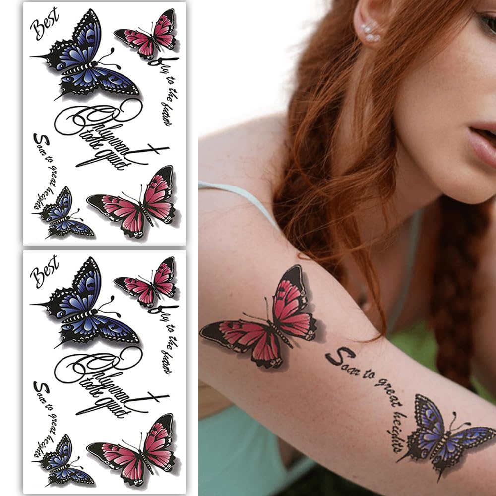 S.A.V.I 2 Sheets Butterfly Temporary Tattoos for Women Girls – Waterproof Body Art Stickers | Colorful Pink Blue Design | Long-Lasting, Easy to Apply – 19x12cm | Ideal for Parties Events