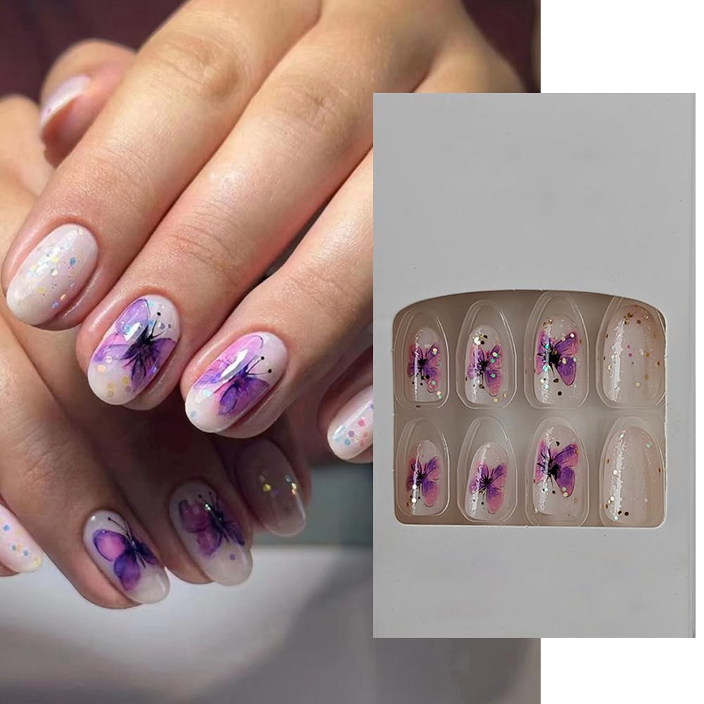 S.A.V.I 24 PCs Reusable Short-Length Round Shape Nude Glitter Purple Butterfly Print Press-On Fake Nails | DIY Manicure Kit | For Home Salon Use