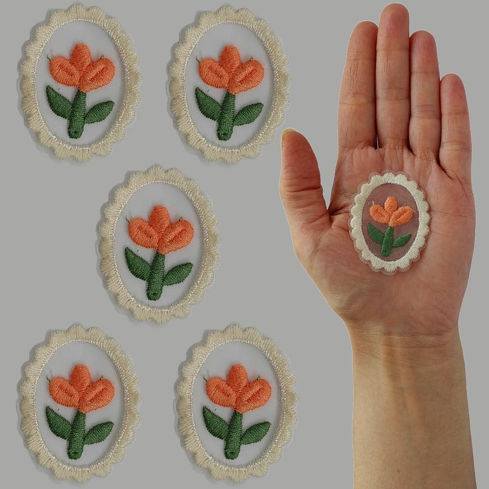 S.A.V.I DIY Oval Embroidered Appliqué Non-adhesive Patches, Set of 5, Vibrant Orange Flower Design for Clothes, Dresses, Blouses, Scarves, Hats, Bags, Jackets, Vests, Skirts, T-Shirts, Sweaters, Tank Tops Accessories