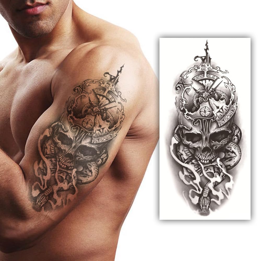 S.A.V.I Waterproof Temporary Tattoo Skull, Antique Clock Snake - 21x10cm for Men Women