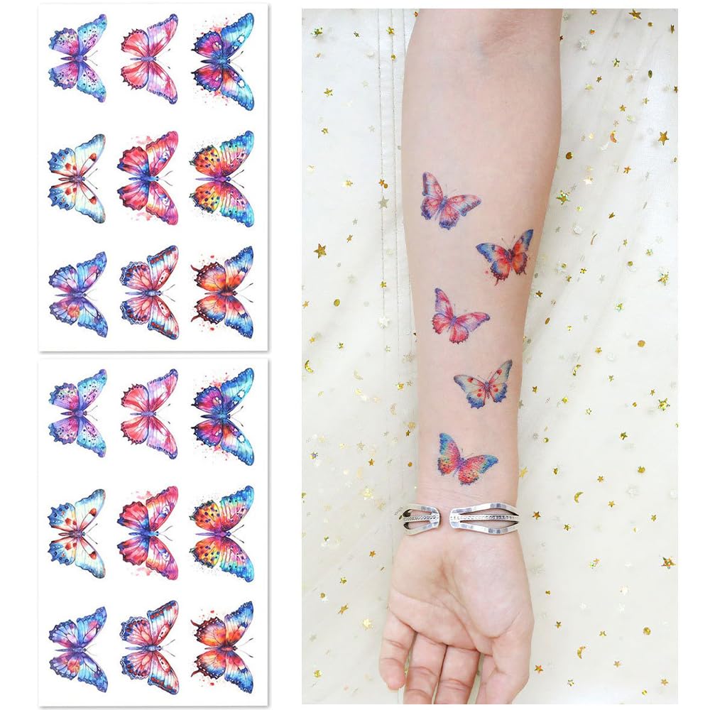 S.A.V.I 2 Sheets, Vibrant Butterfly Temporary Tattoo Stickers, 12cm x 7.5cm, Waterproof Long-lasting, Easy Apply Remove, Perfect for Kids Adults, Body Art Decoration for Parties Festivals