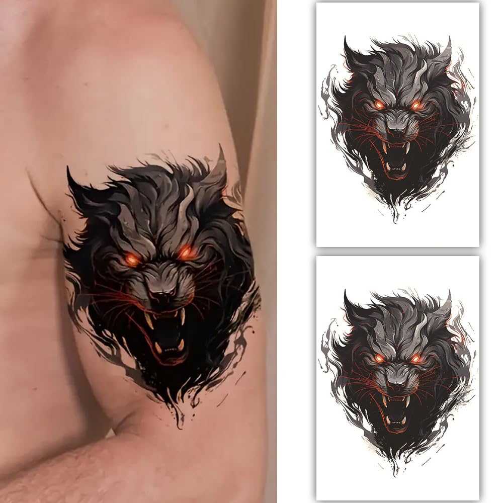 S.A.V.I 2 Sheets Black Orange Wolf Temporary Tattoo Stickers - Large Realistic Waterproof Arm Tattoos for Men Women, 19x12cm, Long-Lasting Body Art for Parties Cosplay
