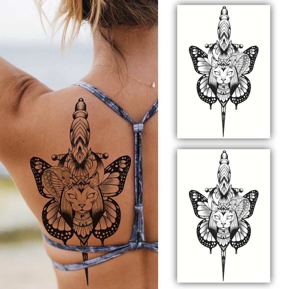 S.A.V.I 2PCS Butterfly Wings Tattoo Stickers - Detailed Geometric Dagger Design, 22x15 cm, Unisex