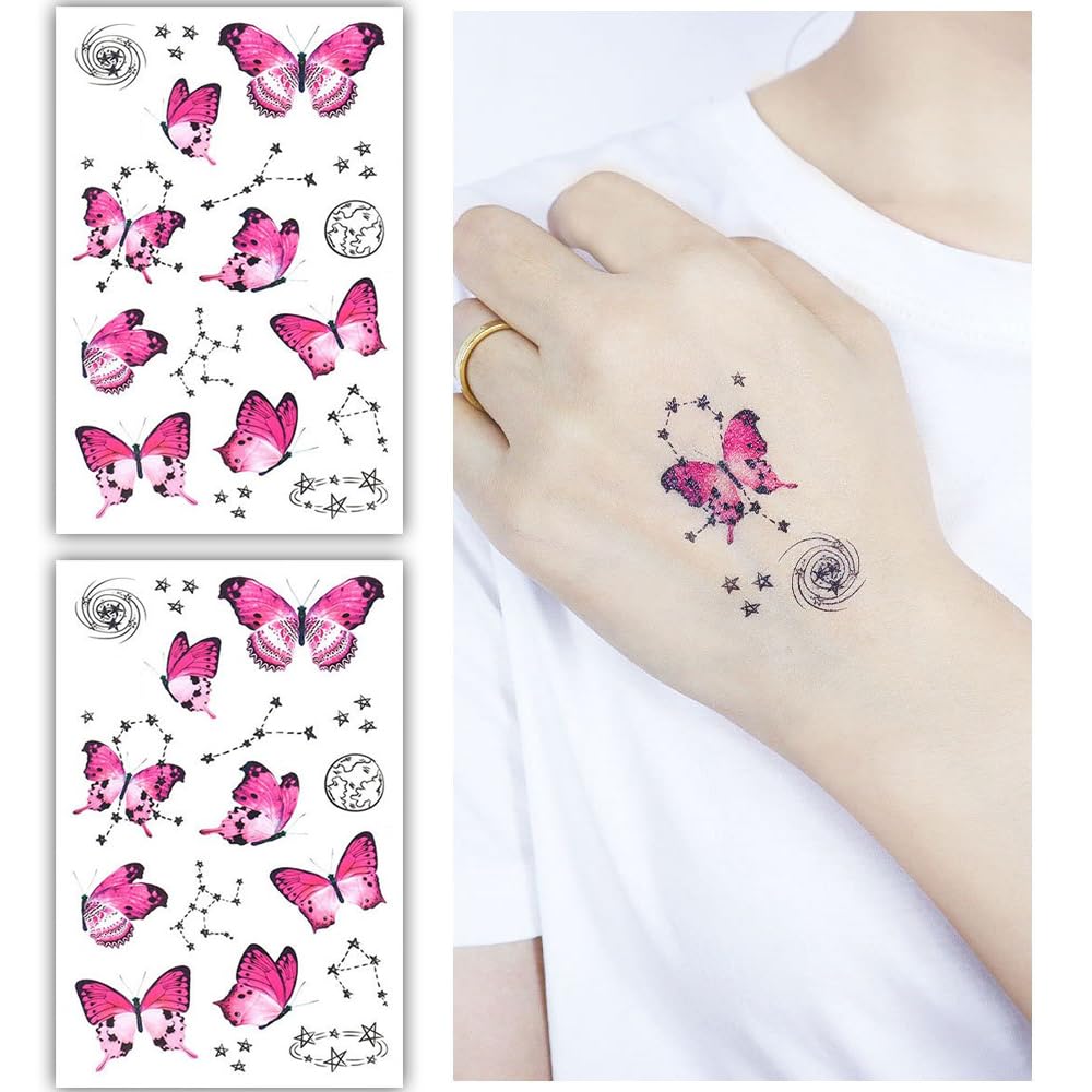 S.A.V.I 2 Sheets - Butterfly Constellation Temporary Tattoo Stickers, 12x7.5 cm - Vibrant Pink Butterflies Stars, Waterproof, Long-lasting, Easy Application Removal, Ideal for Kids Party Favors