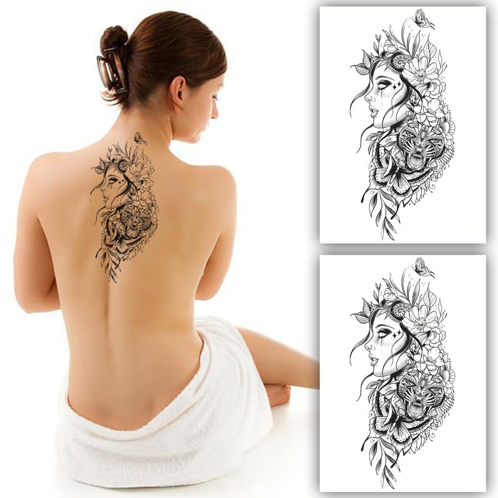 S.A.V.I (2PCS) Temporary Tattoo Sticker - Woman Side Profile, Flowers Tiger - 22x15cm - Nature Wild Artistry