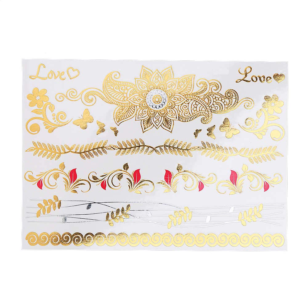 S.A.V.I 3D Temporary Tattoo Golden and Silver Metallic Sticker Love Text Heena Design Size 21x15cm - 1pc. (93), Gold, 64 g