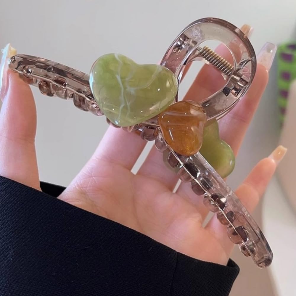 S.A.V.I Stylish Resin Hair Claw Clip for Women & Girls | 13cm Heart Shape with Green & Amber Stones | Strong Grip Bun Holder | Acrylic Hair Accessory for Daily & Party