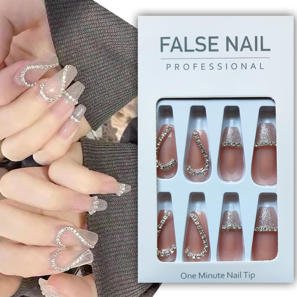 S.A.V.I Glitter Fake Nails - 24 Nude Shiny Coffin DIY Set