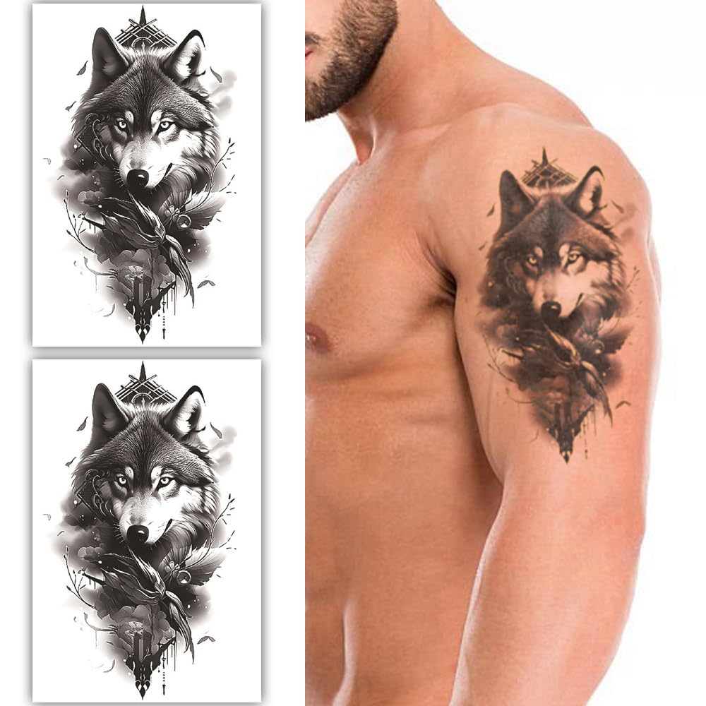 S.A.V.I 2 Sheets Large Temporary Wolf Tattoos for Men - Realistic Black Grey Animal Body Art, Waterproof 19x12cm Fake Tattoo Stickers for Arm, Shoulder, Chest - Long-lasting Easy Application