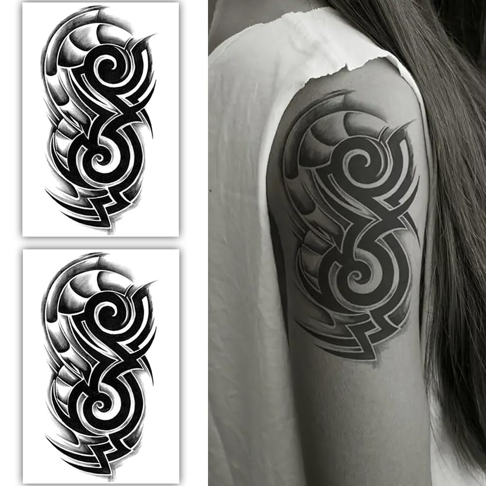 S.A.V.I 2 Sheets Black Tribal Arm Temporary Tattoo | Waterproof Realistic | Large Size 19x12cm | Long-lasting Body Art Stickers for Men Women | Perfect for Parties, Festivals Events